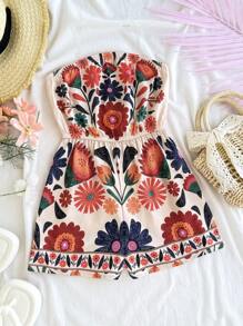 SHEIN Tween Girls' Tropical Print Bandeau Romper, Suitable For Spring/Summer, Beach, Vacation - Multicolor - View 1