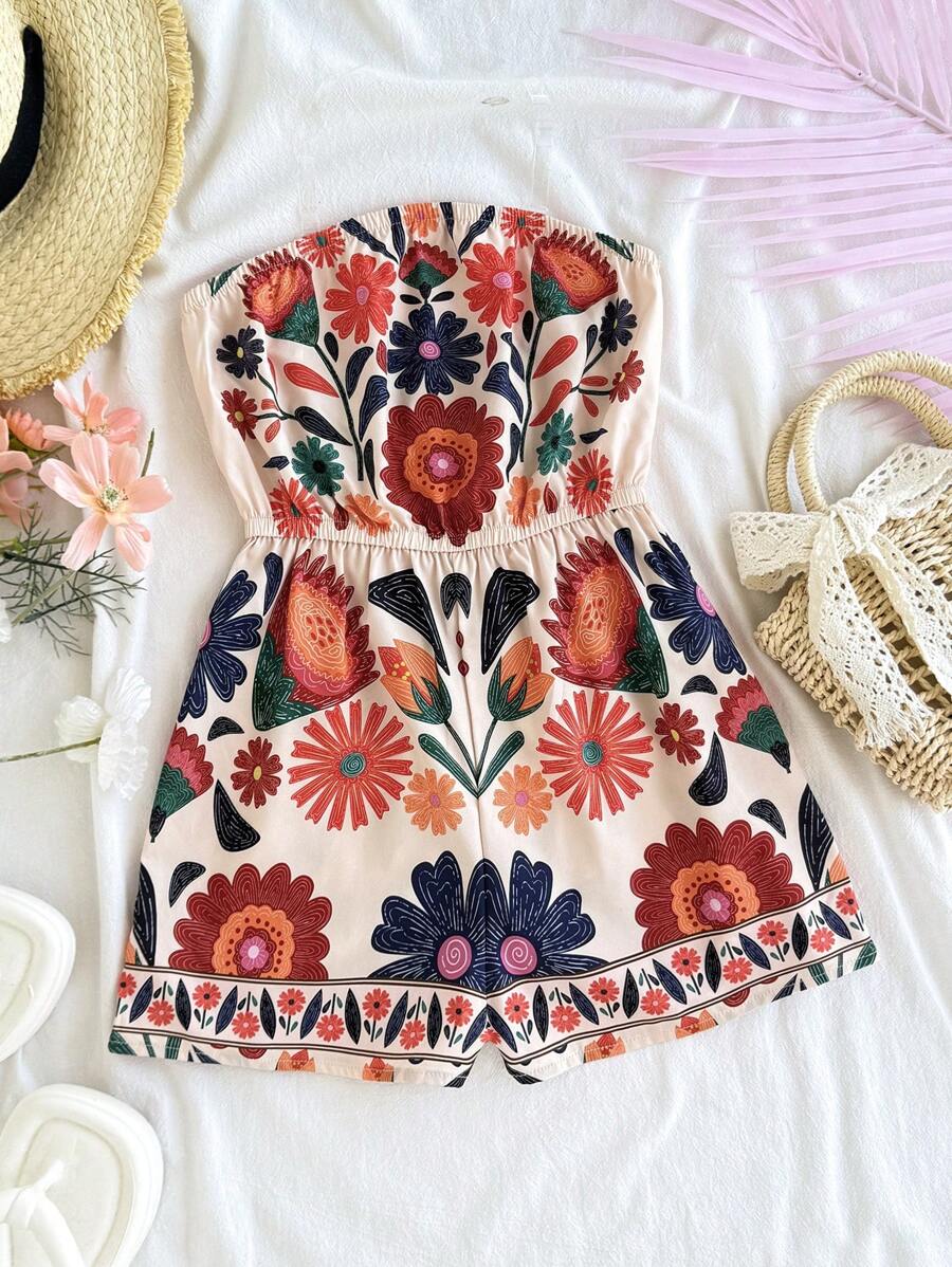 SHEIN Tween Girls' Tropical Print Bandeau Romper, Suitable For Spring/Summer, Beach, Vacation - Multicolor - View 1