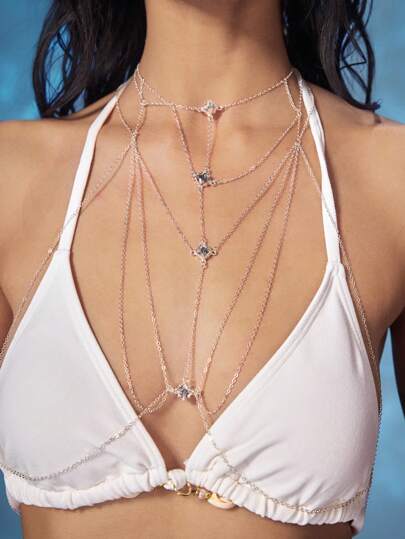 Fairycore قلادة معدنية سلسلة حديد جسد أنيقة ومثيرة، قلادة صدر ذات قلادة معلقة مربعة ماسية عالية الجودة، قلادة متعددة الطبقات