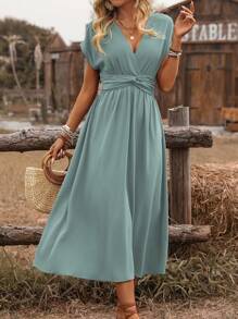 EMERY ROSE Women's Bohemian Style Shirred Waist Tie Ruffle Hem A-Line Midi Dress, Casual Vacation Crossover Front, Short Sleeve, Spring/Summer