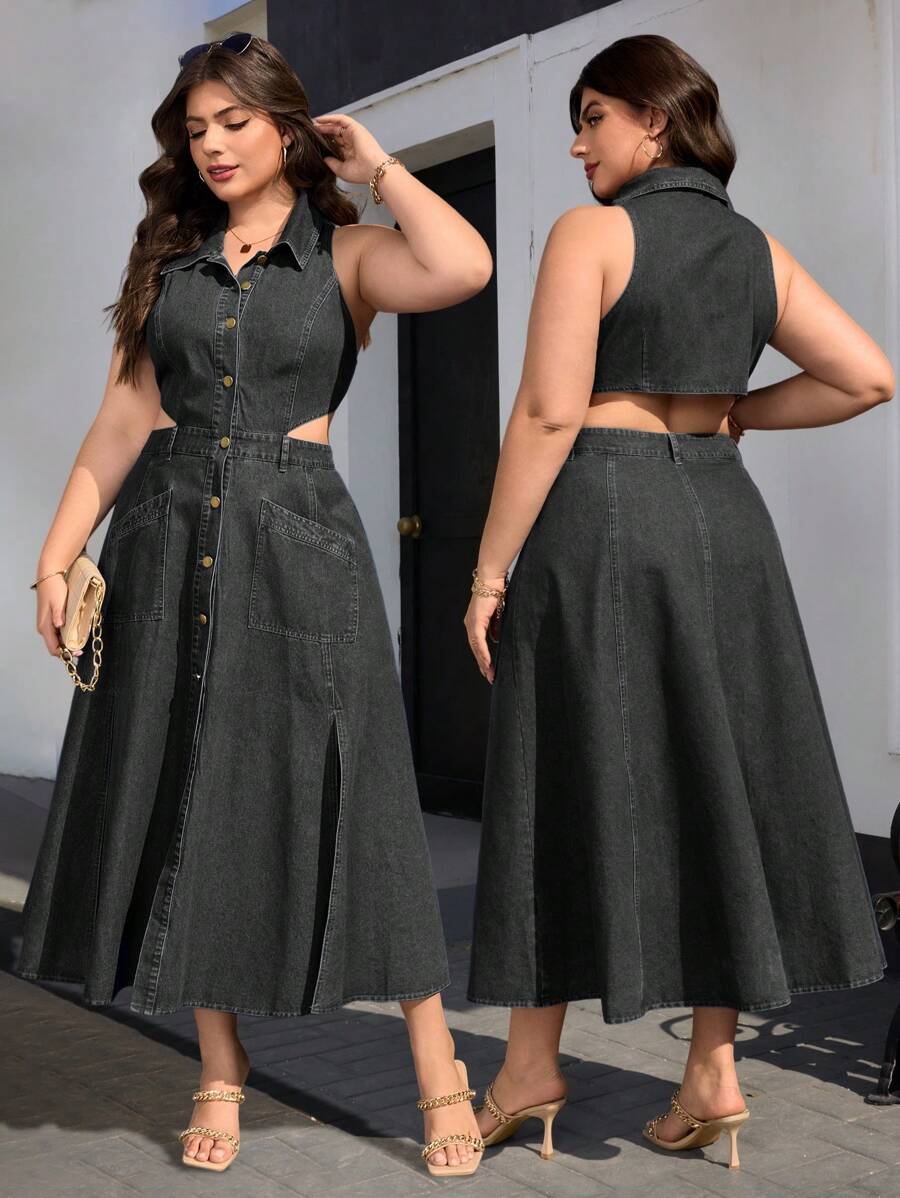 EMERY ROSE Gaun Denim Seksi Tanpa Lengan Berlubang dengan Kancing Tunggal di Pinggang untuk Wanita Ukuran Plus - Hitam - View 1