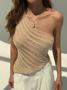 Aloruh Women Unique Solid Color Asymmetrical Neck Hollow Out Knitted Top Summer Beach Beach Vacation Boho Tropical Cute Summer Tops Concert Rave Festival Country Concert Ibiza Nashville Western Wear Women Western Boho Streetwear Tropical Gyaru Crochet Hollow Perspective Holiday Crochet - Camel - View 1