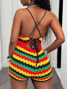 Slaydiva 2025 Spring And Summer New Casual Vacation, Colorful Striped Wool Cross Backless Strap Mini Ultra-Short Women's Tight Jumpsuit, Suitable For Music Festivals, Easter, Parties, Daily Outings, Graduation Balls, Cheerleading, Seaside Vacation Travel - B - Multicolor - View 2