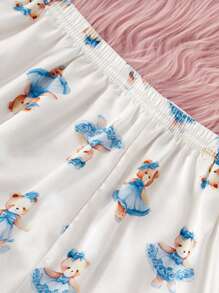 Girls' Bear Print Faux Silk 2pcs Comfy Pajamas Set: Short Sleeve Top & Shorts