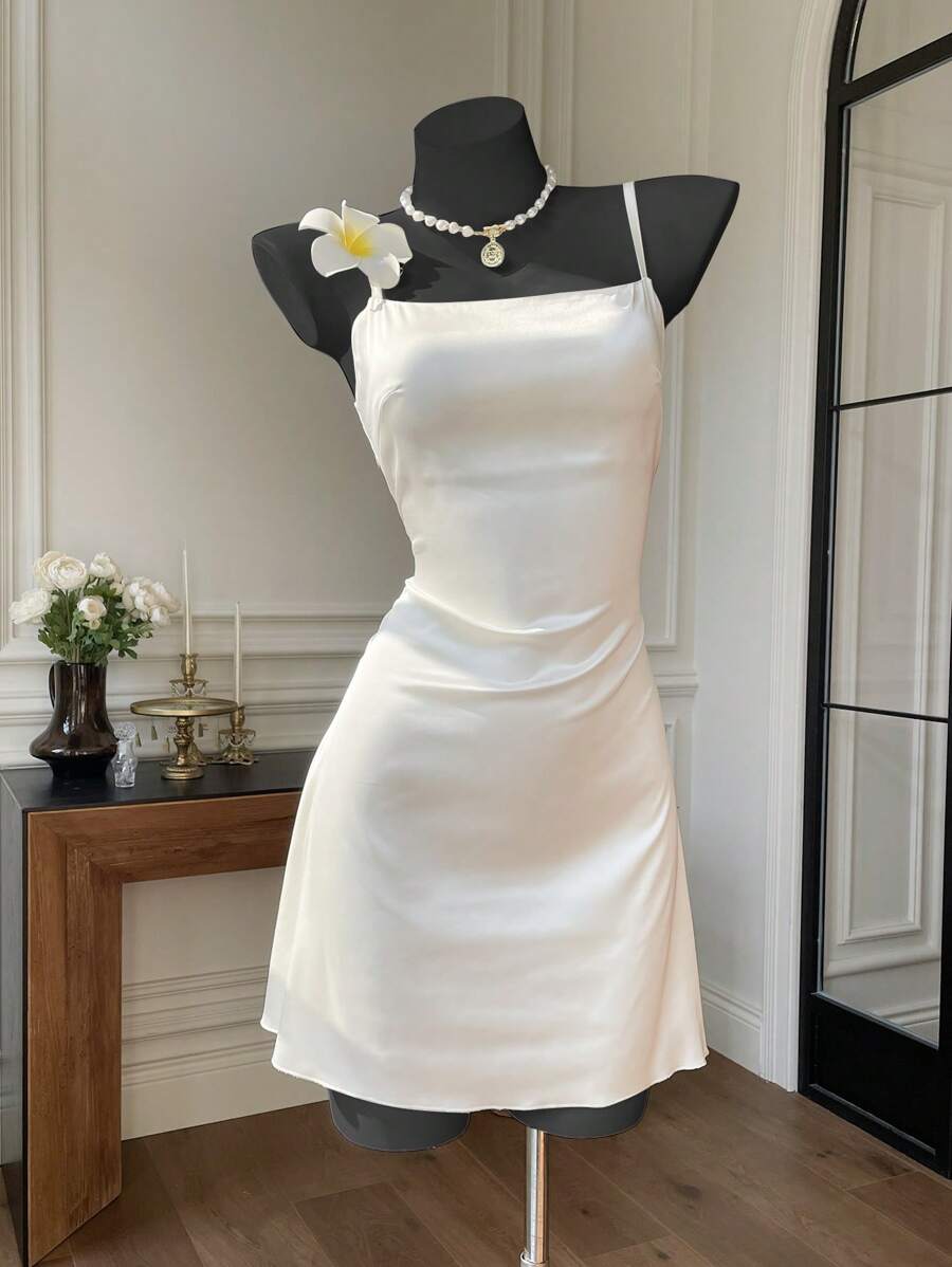 Comfortcana Apricot Satin Backless Summer Dress For Women, Solid Color Fashion, Party Dress