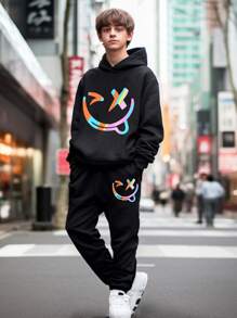 兒童青少年男童街頭風格印花帽衫和寬鬆針織運動褲套裝，長袖和彈性袖口 - 黑色 - 查看 5