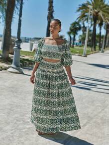 Maija 2pcs Plus Size Geometric Print Lantern Sleeve Shirt & Skirt Set, Vacation Casual Summer Women Vacation Beach Business Casual Woman Going Out Tops Boho Office Outfits Festival Outfits For Rave Hawaii - Multicolor - View 1