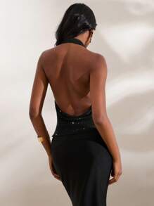 Opulessa 女士纯色针织垂褶领修身露脐上衣，适合国庆节、新年、优雅派对、毕业典礼、舞会、奢华晚宴、外出、秋季、万圣节等场合，闪亮上衣 - 黑色 - 查看 2