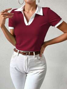 EMERY ROSE Women Summer Patchwork T-Shirt, Fashionable Trim Design - Burgundy - View 4