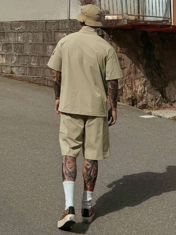 Conjunto de Camisa Polo de Zíper com Contraste Cáqui para Uso Externo no Verão para Homens