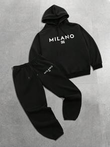 Manfinity Homme Men's Black Flannelette Hoodie Co-Ord Set: Casual Long Sleeve Hooded Top And Regular Length Joggers With Pockets