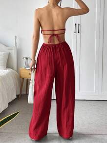 SHEIN EZwear 大码女式休闲棉质细肩带露背阔腿连体裤，夏季 - 紅色 - 查看 2