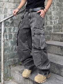 PAVTROS Manfinity Streetrush Plus Size Men's Plain Pocket Street-Style Relaxed Fit Cargo Jeans Going Out Urban Hang Out Vacation Street