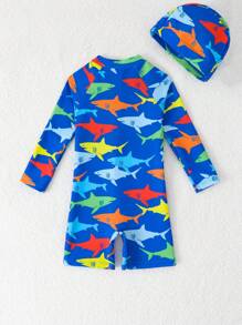 Baby Boy Colorful Shark Front Zip Long Sleeve One-Piece Swimsuit With Swim Cap - Multicolor - View 2