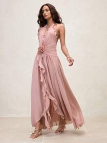 SHEIN LUNE Robe longue maxi élégante de vacances à col en V avec Top en 3D floral - Rose bonbon - Voir 7
