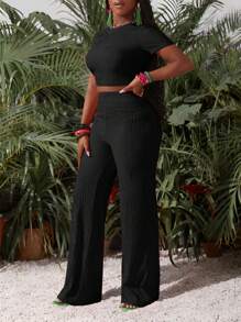 Slaydiva New Casual Basic Sports Style Spring And Summer Round Neck Short-Sleeved Truncated T-Shirt + Wide-Leg Super Long Pants Rose Red Striped Texture Knitted Fabric Women's Two Pieces Set-I