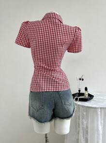 Elamini Retro Chic V-Neck Checkered Pocket Patchwork Button Up Cropped Fitted Short Sleeve Shirt