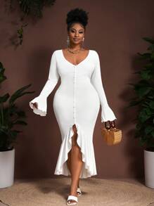 Slaydiva 2025 Spring/Summer Plus Size Women Long Sleeve V-Neck Wavy Patchwork Midi Dress - White, Suitable For Graduation Party, Music Festival, Date, Vintage Western Vacation, Road Trip, Tropical Vacation, Beach Vacation, Elegant Resort - White - View 6