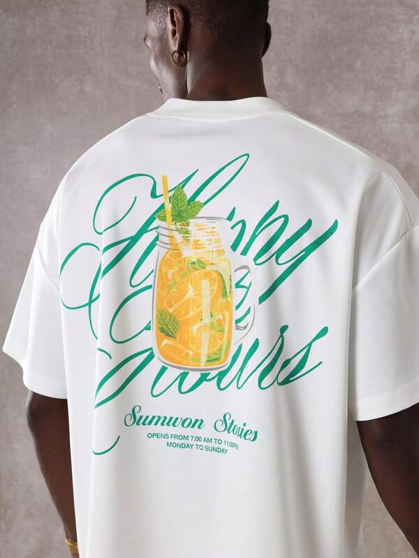 SUMWON Camiseta de verano de corte boxy informal con estampado de frasco de cristal de jugo de naranja, horas de apertura, ropa de calle para actividades de ocio durante todo el día