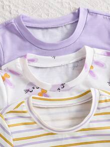 SHEIN Vintaside Kids 6pcs/Set Baby Girls/Toddlers 0-3 Years Spring/Summer Cute Bunny & Striped Tee Shirt & Shorts Casual Outfit Set - Purple - View 4