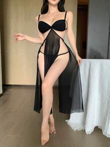 DAZY 女士透视网眼镂空吊带裙和丁字裤套装，性感内衣 - 黑色 - 查看 8