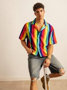 Manfinity VCAY Vacation Style Digital Print Colorful Striped Turn-Down Collar Short Sleeve Cardigan Shirt For Men - Multicolor - View 4