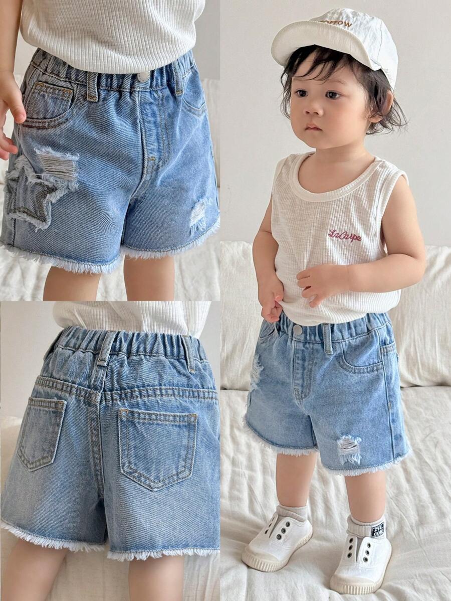 SHEIN Quần short denim ống rộng màu xanh dương rách gấu, kiểu dáng vintage mới cho bé trai, thích hợp mặc trong nhà/ngoài trời và mặc hàng ngày vào mùa hè. - Rửa trung bình - Xem 1