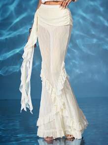 ROMWE Fairycore Women's Retro Mermaid Sexy Knit Jacquard Fabric Flowy Ruffle Hem Flare Pants - Apricot - View 5