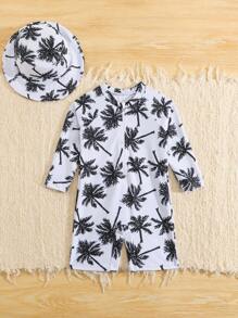 SHEIN 幼儿男童泳衣套装，可爱卡通恐龙印花长袖泳衣带防晒帽，适合暑假、海滩、冲浪、水上乐园 - 彩色 - 查看 5