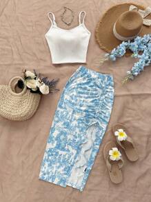 Soleia 2pcs/Set Vacation Casual Textured Fabric Tank Top And Colorblock Blue & White Print Mini Skirt - Blue and White - View 3