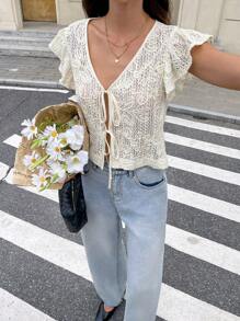 SHEIN Frenchy 女士夏季纯色杏色镂空纹理系带休闲飞袖衬衫日常通勤夏季女装沙滩露脐上衣可爱上衣 - 杏色 - 查看 3