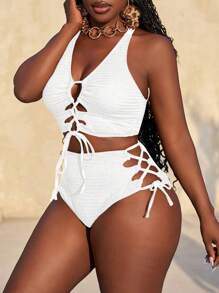 Slaydiva Size Women's Solid Color Hollow-Out Strap Sexy Bikini Set, Summer Beachwear - White - View 7