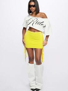 Slaydiva Nueva falda casual de verano y primavera con borlas y decoración hueca a ambos lados para mujer, color amarillo