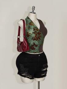 SHEIN ICON 加大码复古烂花面料 V 领露背系带背心，Y2K 风格，适合音乐节、夏季、度假