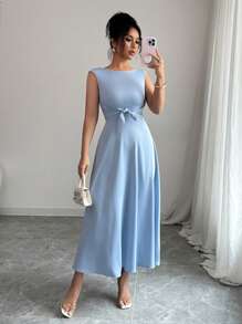 Elenzga Elegante vestido con cuello en V, lazo en la cintura y bajo acampanado