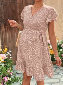 SHEIN Pregnant Woman's Ditsy Floral Ruffle Sleeve Casual Dress, Vacation Style - Dusty Pink - View 6