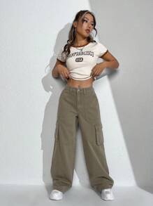 SHEIN EZwear Flap Pocket Cargo Jeans - Army Green - View 6