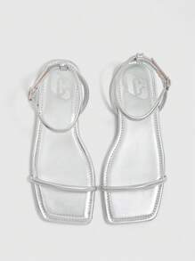 CUCCOO BIZCHIC Women Square Toe Strap Minimalist Casual Sandals, Comfortable Flat Outdoor Summer Beach Slippers, Spring & Summer Wear - Silver - View 2