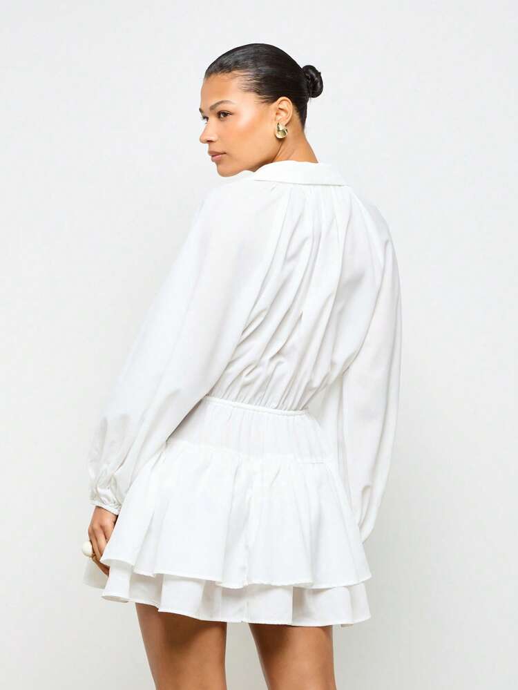 AiiRZ Elegant Long Sleeve Drawstring Ruffle Tiered Mini Shirt Dress Fall Spring Resort Vacation Wedding Guest Lightweight Flowy Holiday Brunch Party