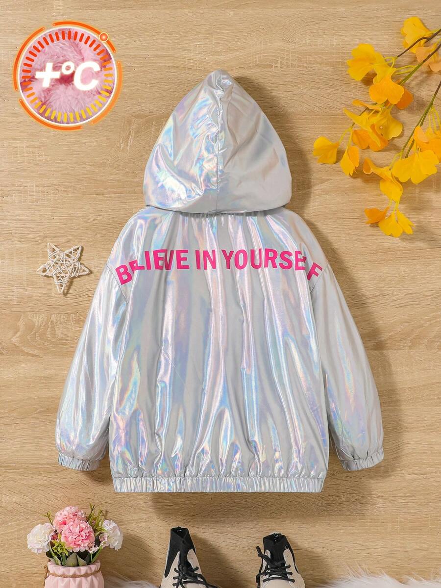 SHEIN Young Girl Slogan Graphic Zip Up Hooded Teddy Lined Holographic Jacket - Silver - View 1