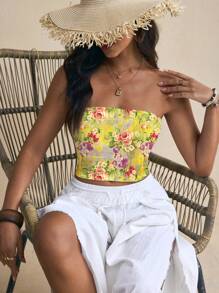 Pamile Women's Fitted Cropped Halter Top With Yellow Floral Print, For Summer Beach Vacation - Yellow - View 4