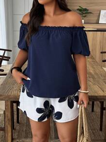 Weeklong Casual Vacation Style Solid Off Shoulder Top & Floral Print Shorts 2 Pieces Set, Plus Size - Navy Blue - View 5