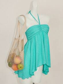 SHEIN ICON 夏季女式 Y2k V 领西部外出波西米亚海滩女士嬉皮绿松石娃娃装飘逸夏威夷纯色吊带背心，夏季时尚 - 薄荷綠 - 查看 3