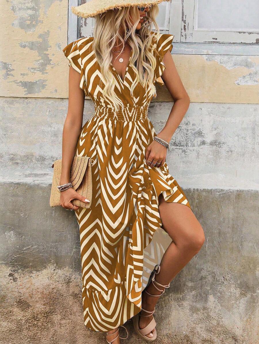 SHEIN LUNE 女式夏季假期满印花荷叶边袖腰收腰连衣裙 - 棕色 - 查看 1