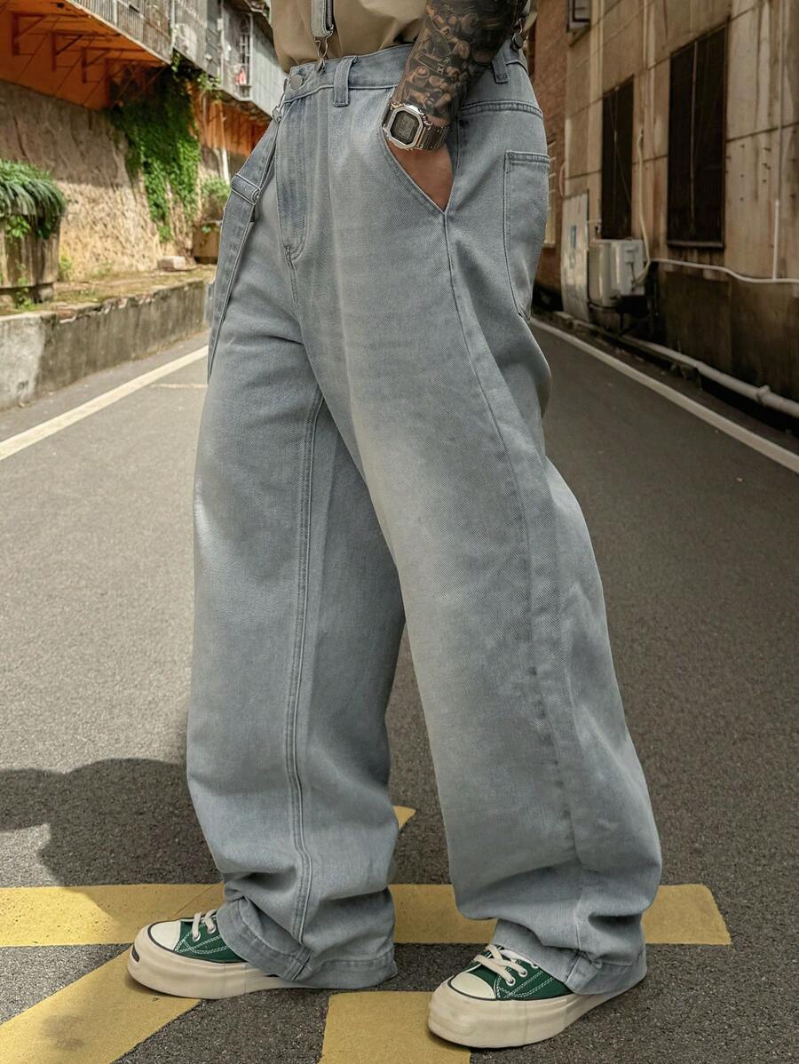 DAZY Pantalones vaqueros azules desgastados con tirantes para hombres de primavera