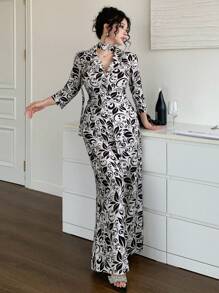 DAZY Mono elegante con bolsillos y cinturón, estampado completo para mujeres