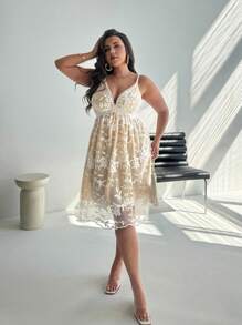 Firerie Plus Size Women's Deep V-Neck Romantic White Wedding Guest Short Dress, French Vcay Style Flared Hem Embroidery Fabric - White - View 5