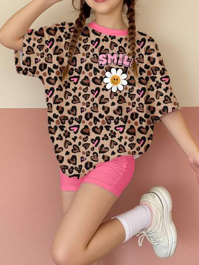 SHEIN 2pcs/Set Vintage Heart Leopard Print Pattern Casual Loose Short Sleeve T-Shirt And Shorts For Teen Girls, Summer