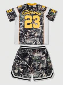 ROMWE MEN Prep Men's Summer Sports Casual Contrast Color V-Neck Short Sleeve Jersey T-Shirt And Shorts Set
