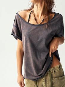 Bohemela 大码女式纯色针织不对称领口短袖宽松T恤上衣夏季